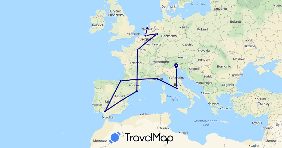 TravelMap itinerary: driving in Belgium, Germany, Spain, France, Italy, Monaco, Netherlands (Europe)